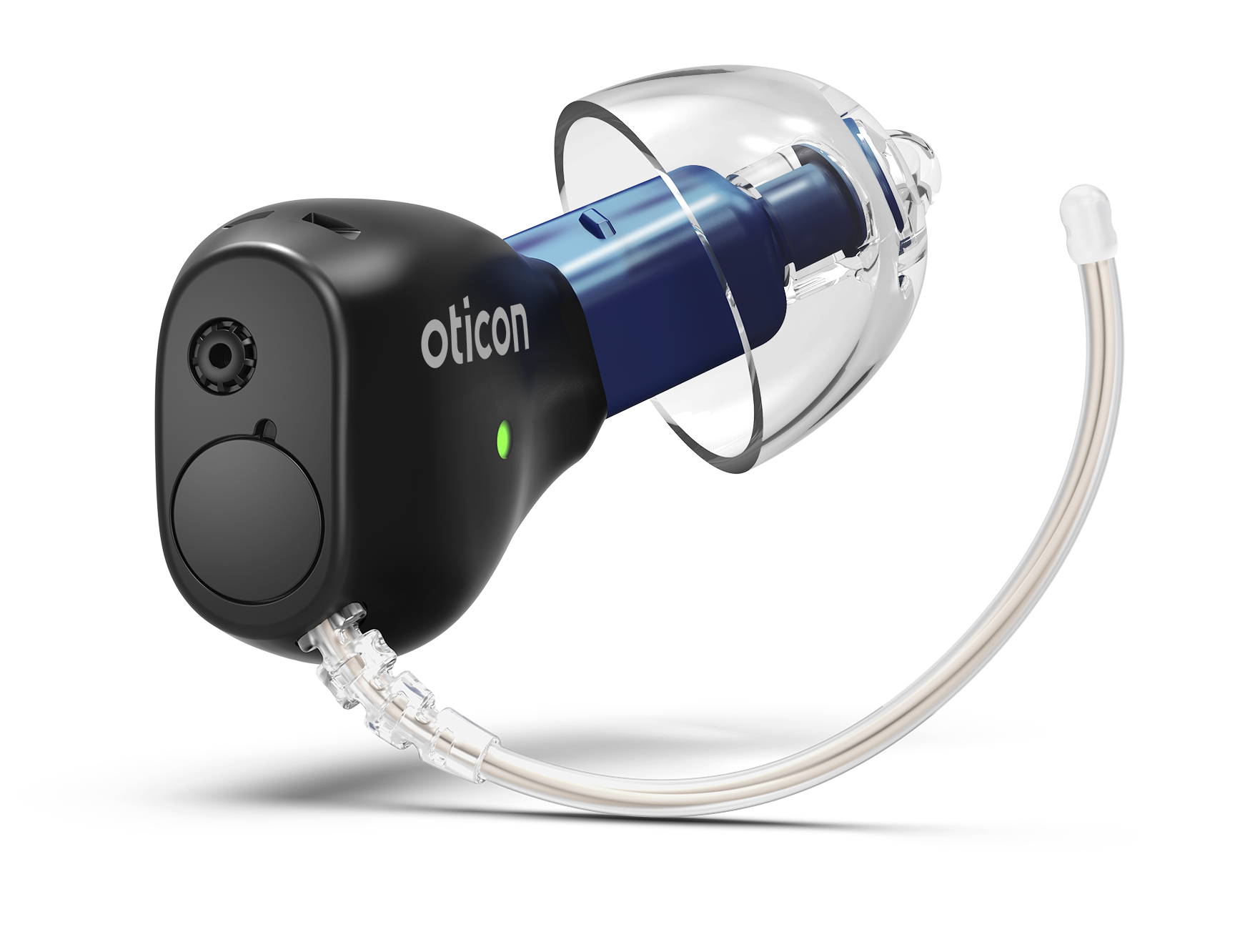 Oticon Zeal NXT in-the-ear hearing aid in matte black, angled view showing the discreet faceplate