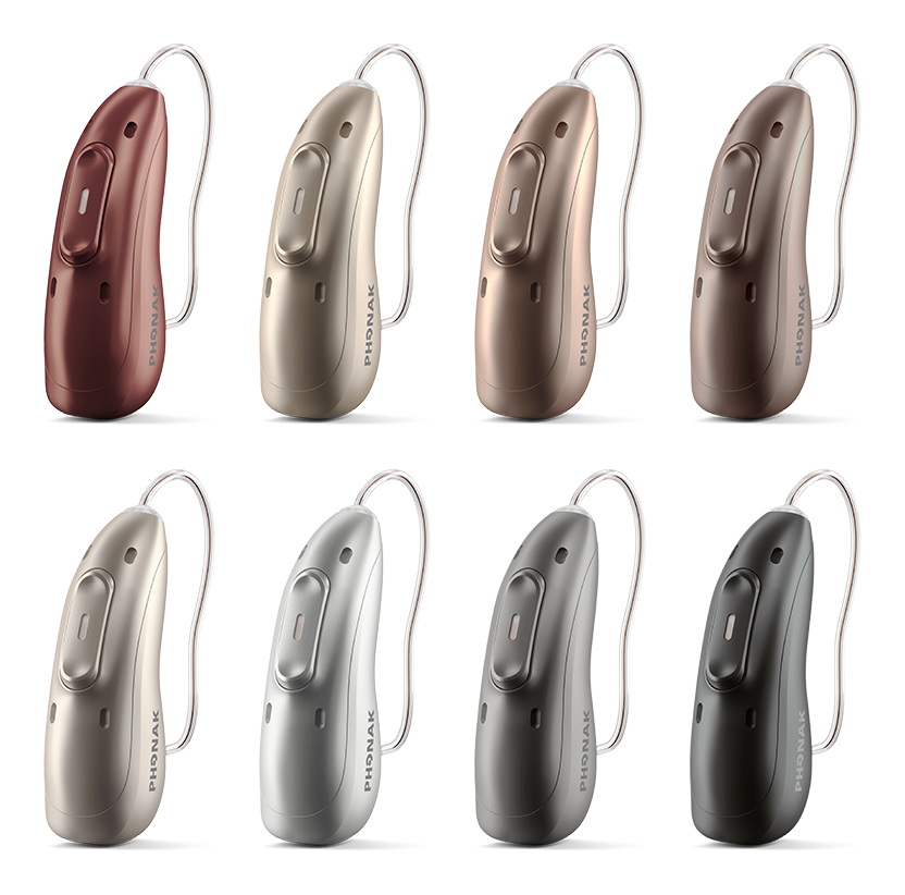 Phonak Audéo EON Sphere color options: Sienna Red, Sand Beige, Sandalwood, Chestnut, Champagne, Silver Grey, Graphite Gray, and Velvet Black