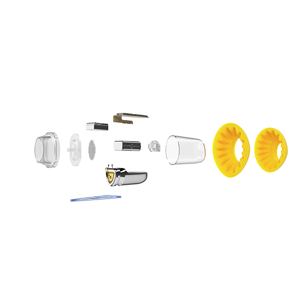 Exploded view of the Phonak Lyric 4 hearing aid showing the internal components: microphone, processor, battery, and biocompatible housing