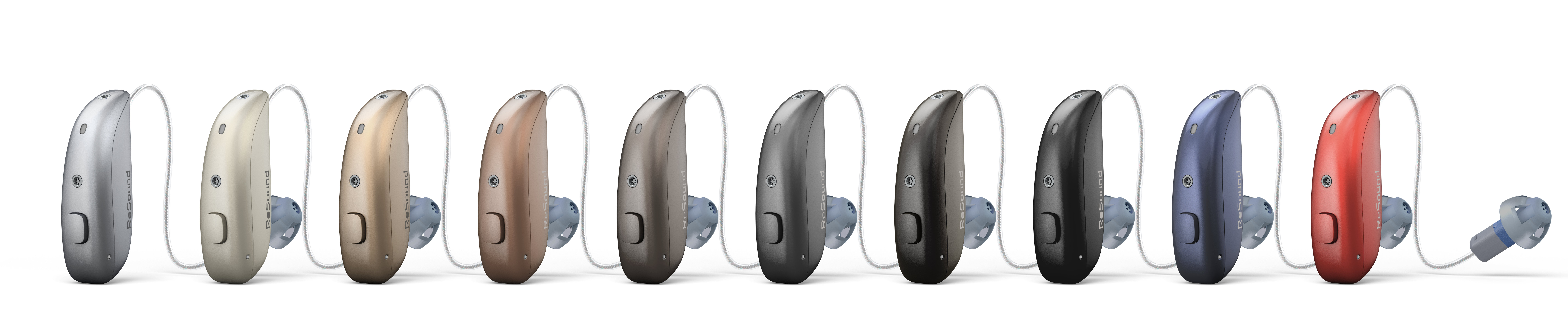 ReSound Vivia available in 10 colors: Sparkling Silver, Sand, Gold, Bronze, Warm Grey, Graphite, Espresso, Deep Black, Navy Blue, Red